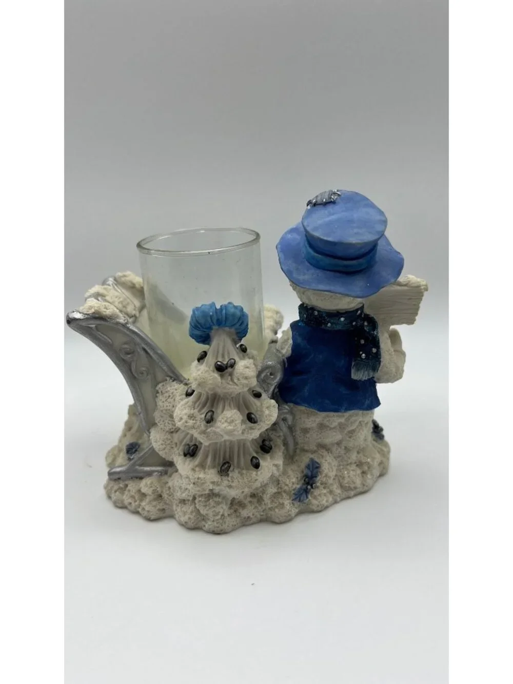 Frosty Snowman Blue & White Candle Holder Figurine Winter Decor
